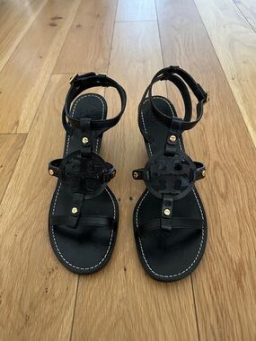 Tory Burch Black Leather Logo Ankle-Strap Sandals